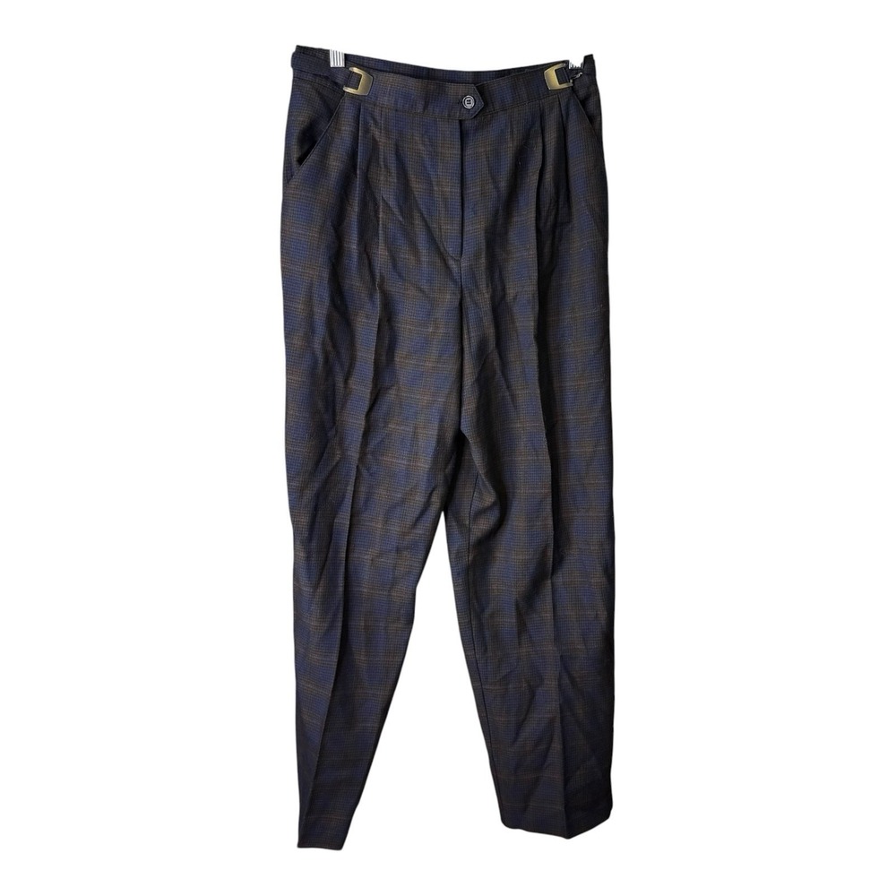 Vintage Parti Petites Women's Petite 10 Brown Blue Plaid High Rise Pleated Pants